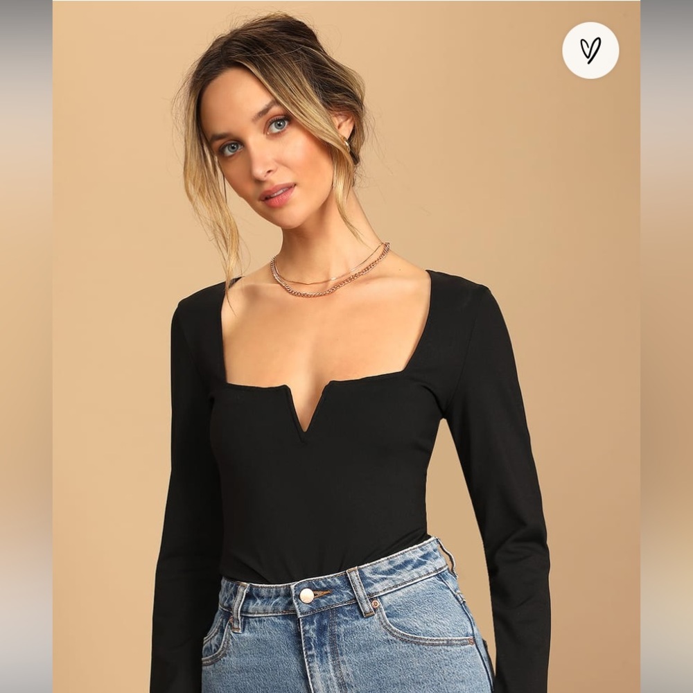 Lulus Black Long Sleeve Square Neckline Bodysuit, XS